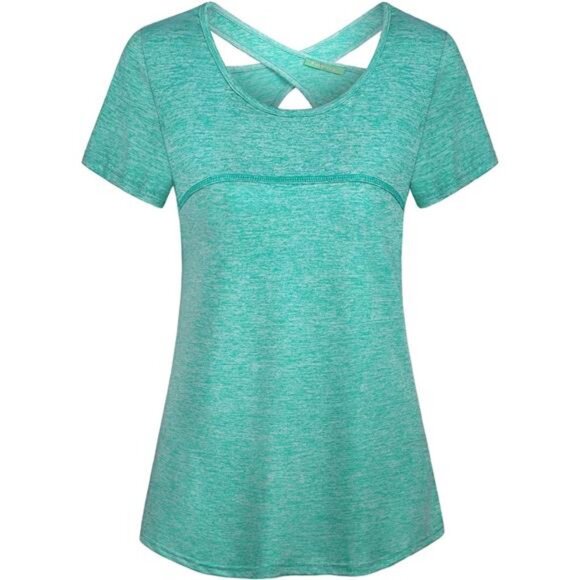 Woman Short Sleeve Round Neck Criss Cross Back Yoga Shirt - Picture 1 of 5